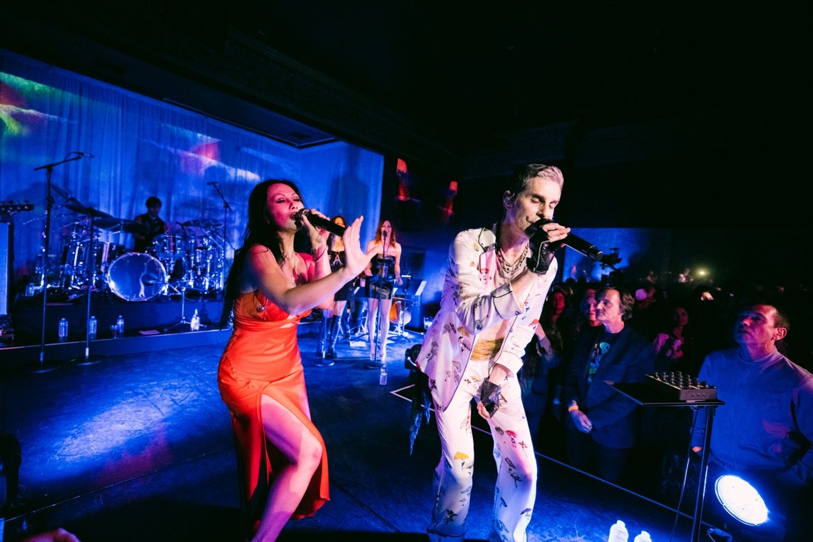 Perry Farrell of Jane’s Addiction with his wife and muse Etty Lau Farrell on stage at Heaven After Dark at the 1926 Room in The Belasco Theater in Los Angeles on February 17, 2022.