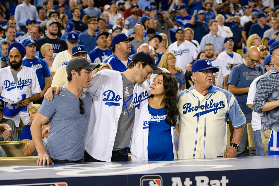 Celebrities at Los Angeles Dodgers game. The Oakland Athletics vs. Los  Angeles Dodgers at Dodger Stadium in Los Angeles CA. Featuring: Ashton  Kutcher, Mila Kunis Where: Los Angeles, California, United States When