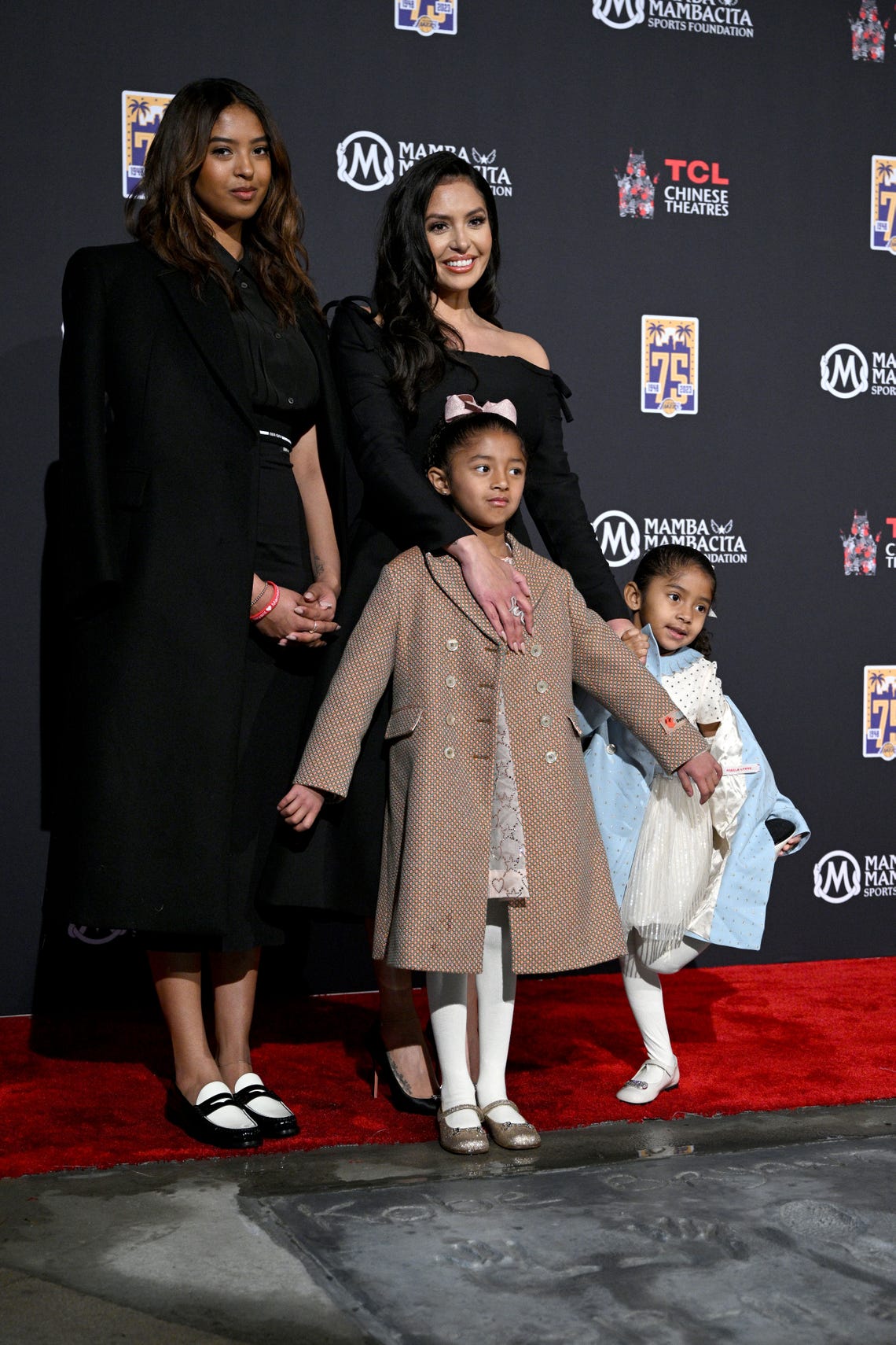 Natalia Bryant, Bianka Bryant, Capri Bryant and Vanessa Bryant attend a ceremony unveiling and permanently placing Kobe Bryant's hand and footprints in the forecourt of the TCL Chinese Theatre on March 15, 2023 in Hollywood, California.