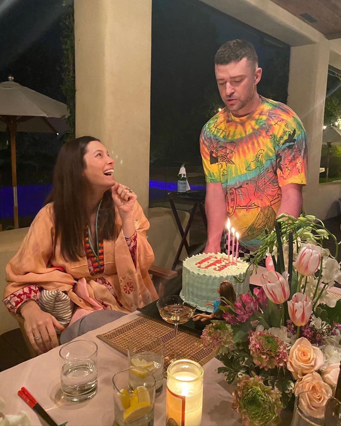 "Celebrating my birthday in style... and by that I mean, in pajamas. I made Justin PROMISE not to sing Happy Birthday to me, so he improvised. Sorry you can’t hear it, but I’m still laughing 😂. Thank you, you wonderful human, for really listening to me, and for throwing my kinda party. And thank YOU ALL for the birthday wishes. Feeling the love." Jessica Biel