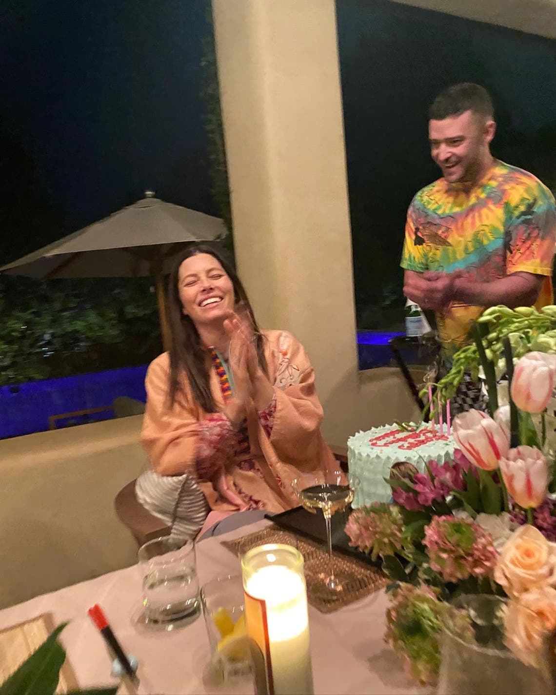 "Celebrating my birthday in style... and by that I mean, in pajamas. I made Justin PROMISE not to sing Happy Birthday to me, so he improvised. Sorry you can’t hear it, but I’m still laughing 😂. Thank you, you wonderful human, for really listening to me, and for throwing my kinda party. And thank YOU ALL for the birthday wishes. Feeling the love." Jessica Biel