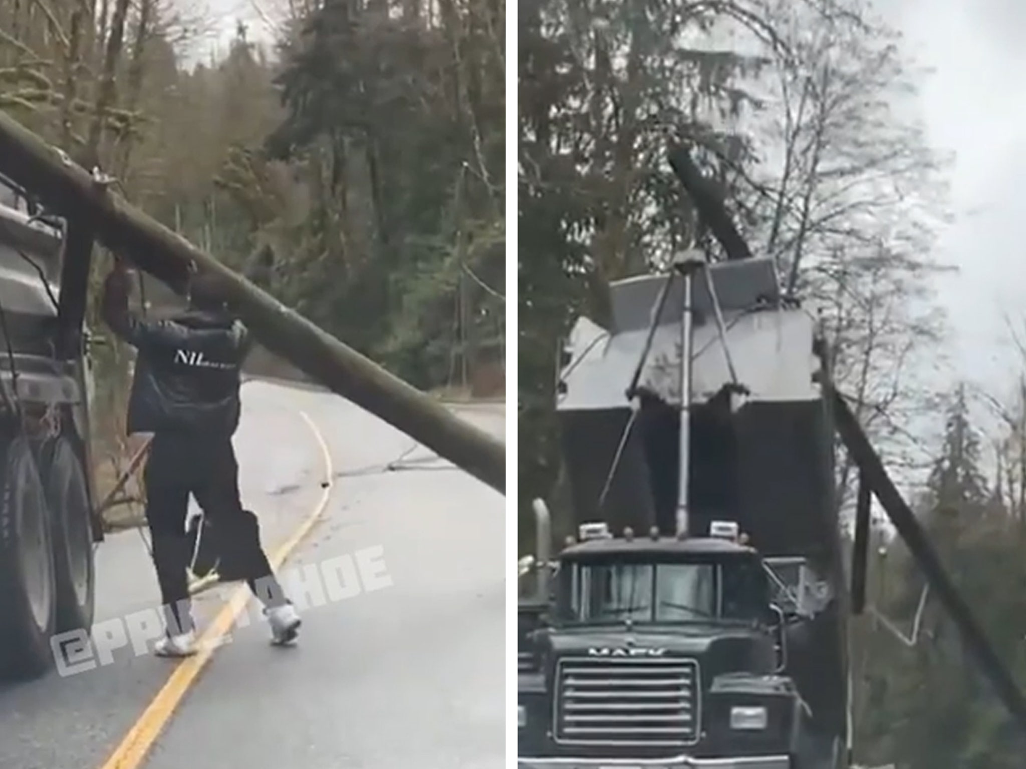 Truck Driver Doesn't Seem To Notice He's Dragging Entire Power Line  Alongside Him