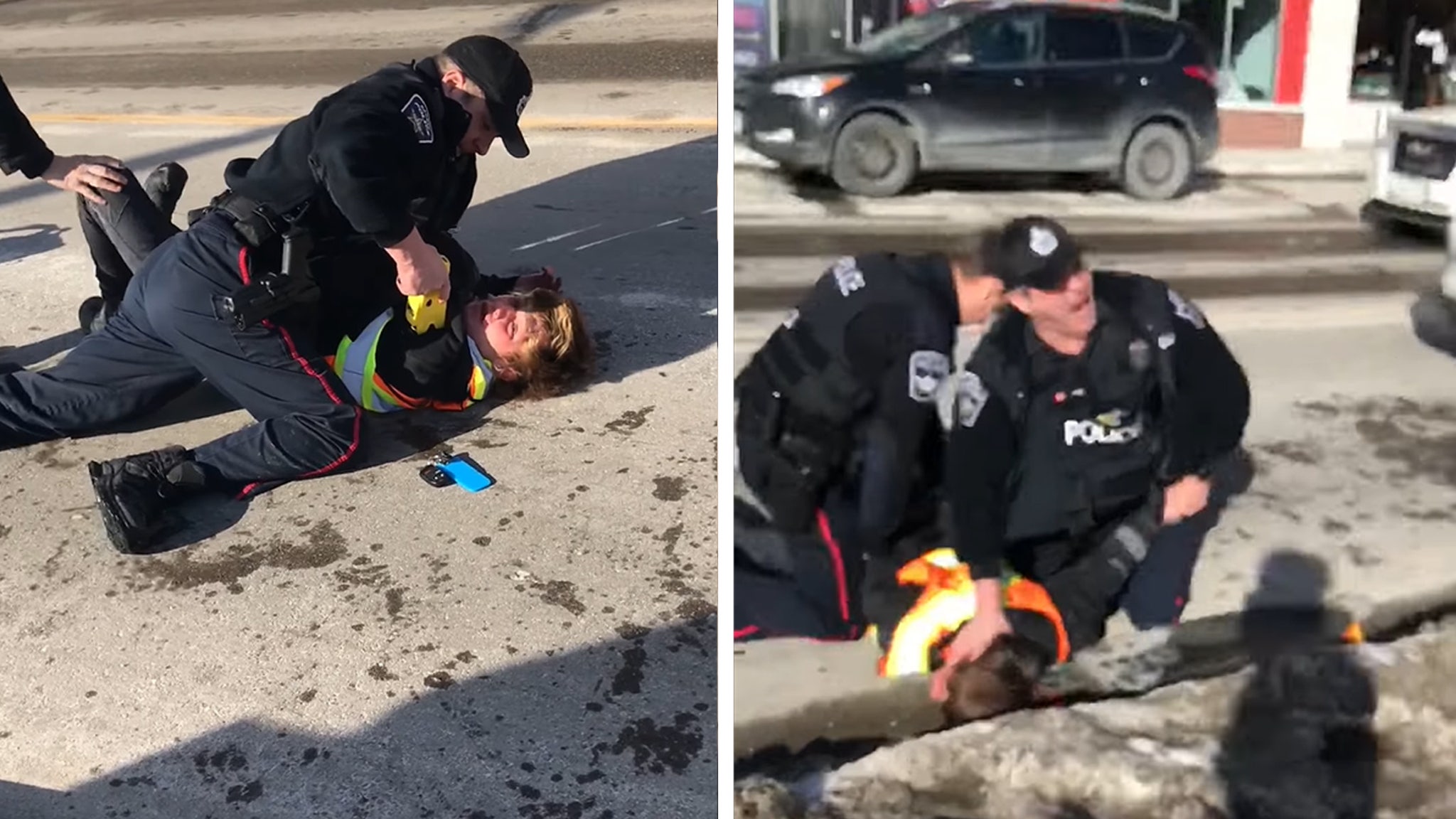 Police officers crush the skater’s head on the ground after he allegedly crashes into a light vehicle