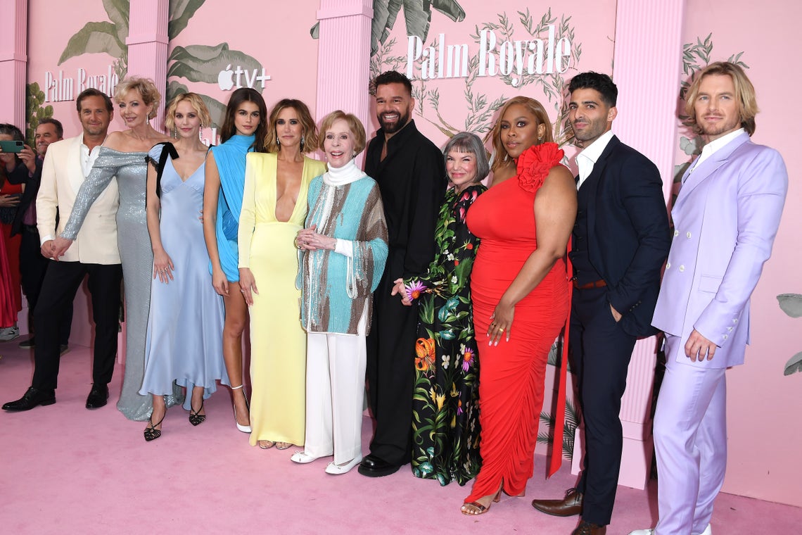 Josh Lucas, Allison Janney, Leslie Bibb, Kaia Gerber, Kristen Wiig, Carol Burnett, Ricky Martin, Mindy Cohn, Amber Chardae Robinson, Jason Canela and Rick Cosnett arrives at the World Premiere Of Apple TV+'s "Palm Royale" at Samuel Goldwyn Theater on March 14, 2024 in Beverly Hills, California.