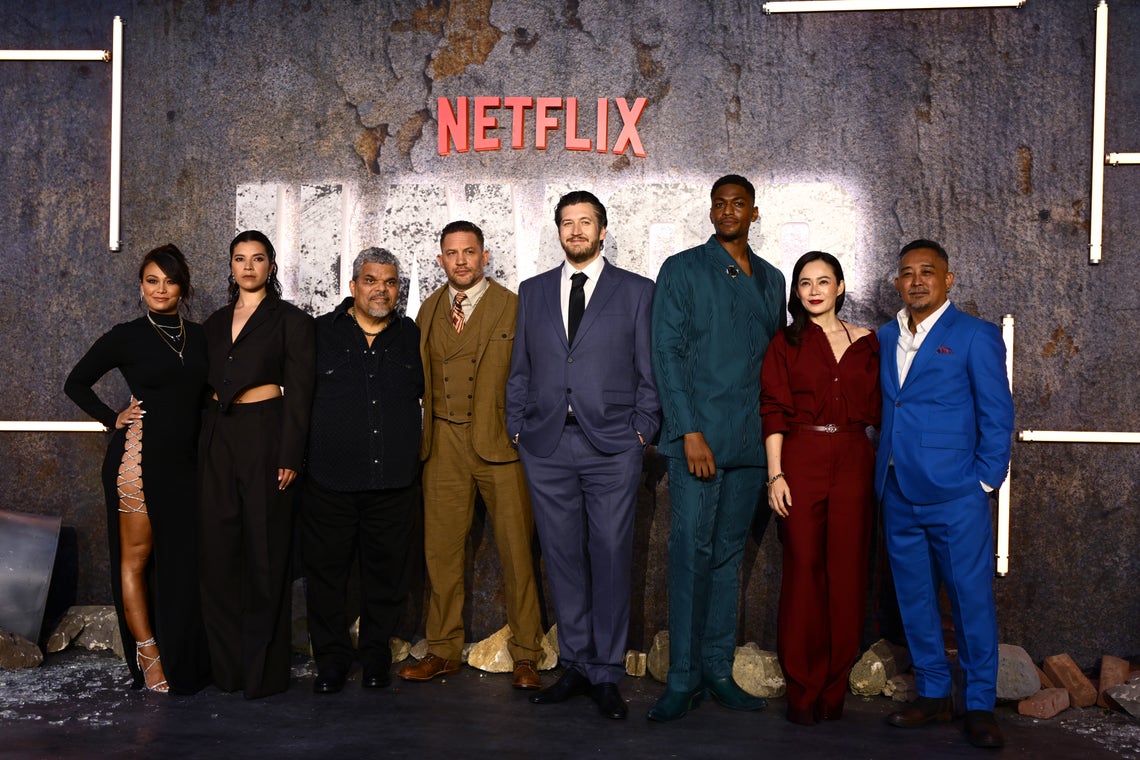 Michelle Waterson, Quelin Sepulveda, Luis Guzmán, Tom Hardy, Gareth Evans, Justin Cornwell, Yeo Yann Yann and Sunny Pang attend the "Havoc" World Premiere at the BFI IMAX Waterloo on April 15, 2025 in London, England
