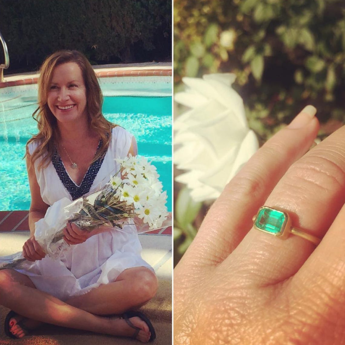 Angela Kinsey shared her engagement story on Instagram. "We were going out to dinner and my daughter said that first she wanted to show me the fort in the backyard that she and my boyfriendÃ¢'¬'¢s sons had been working on. She led me outside and there was a blanket by the pool and she said I had to sit on it. His sons brought me flowers and then he came around the corner with a ring. He had called my mom and asked for her blessing...that would have made my Dad so happy. He proposed and I said yes. The ring is an emerald...all three of our kids' birthstone. The kids made me cards and pictures and I cried. I cried that happy ugly cry. Ã¢''€Ã¯'ž' #gonnagethitched" (August 5, 2016).