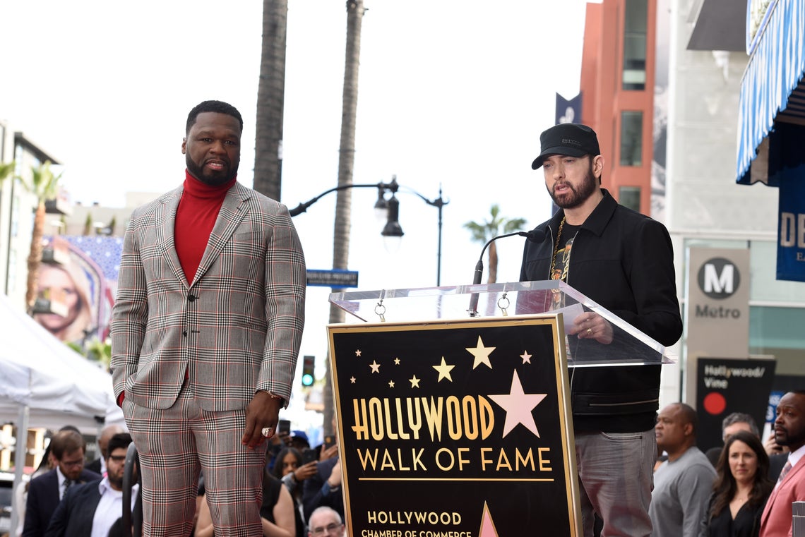 Eminem (R) speaks during the 50 Cent (L) Walk Of Fame Ceremony on January 30, 2020 in Hollywood, California.