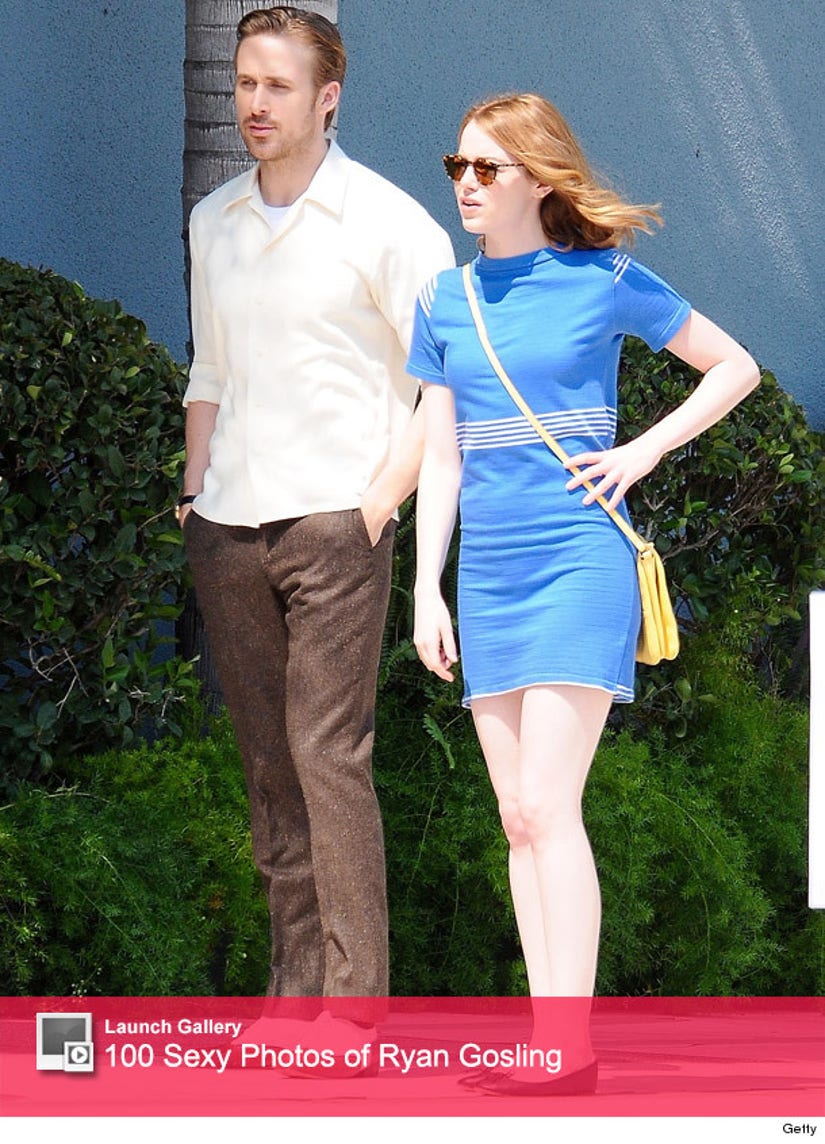 Ryan Gosling and Emma Stone on the set of La La Land in Los Angeles