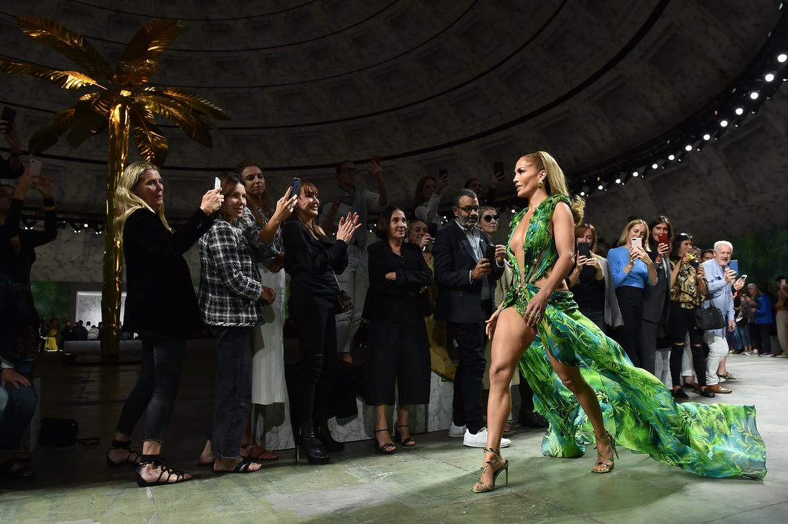 Jennifer Lopez Walks Versace Show In Green Dress