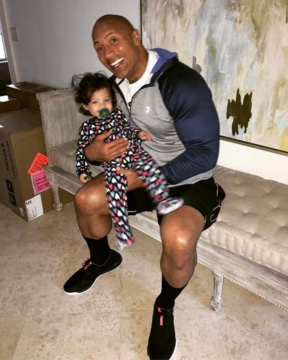 Was puttin' on my shoes to get ready to hit the gym before I go to work. This lil' mama surprised me by runnin' into my arms and yelling "Daaaahdeeeeee" which in my mind clearly means, "Happy birthday daddy! You're the coolest daddy on the planet and the sexiest man alive, now go crush your workout and keep stayin' woke". #BirthdayLuv #DaddyDaughterBond #SheHasMorningHair #IHaveNoHair #HowWeRoll