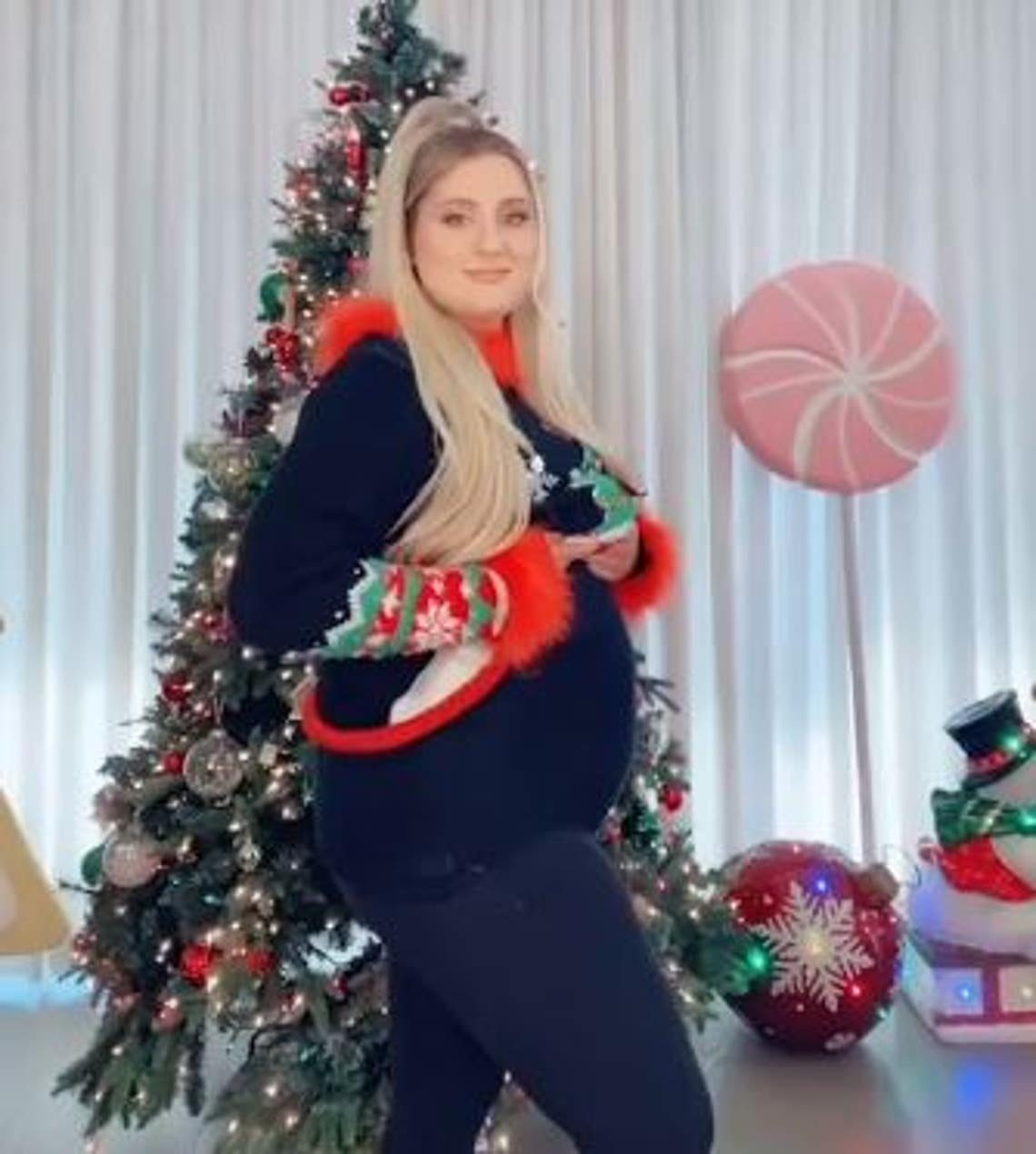 "Only 10 more weeks to go!!! 👶🏼🎉🎄🎁🤣 #thirdtrimester," Meghan Trainor captioned the holiday-themed snap.