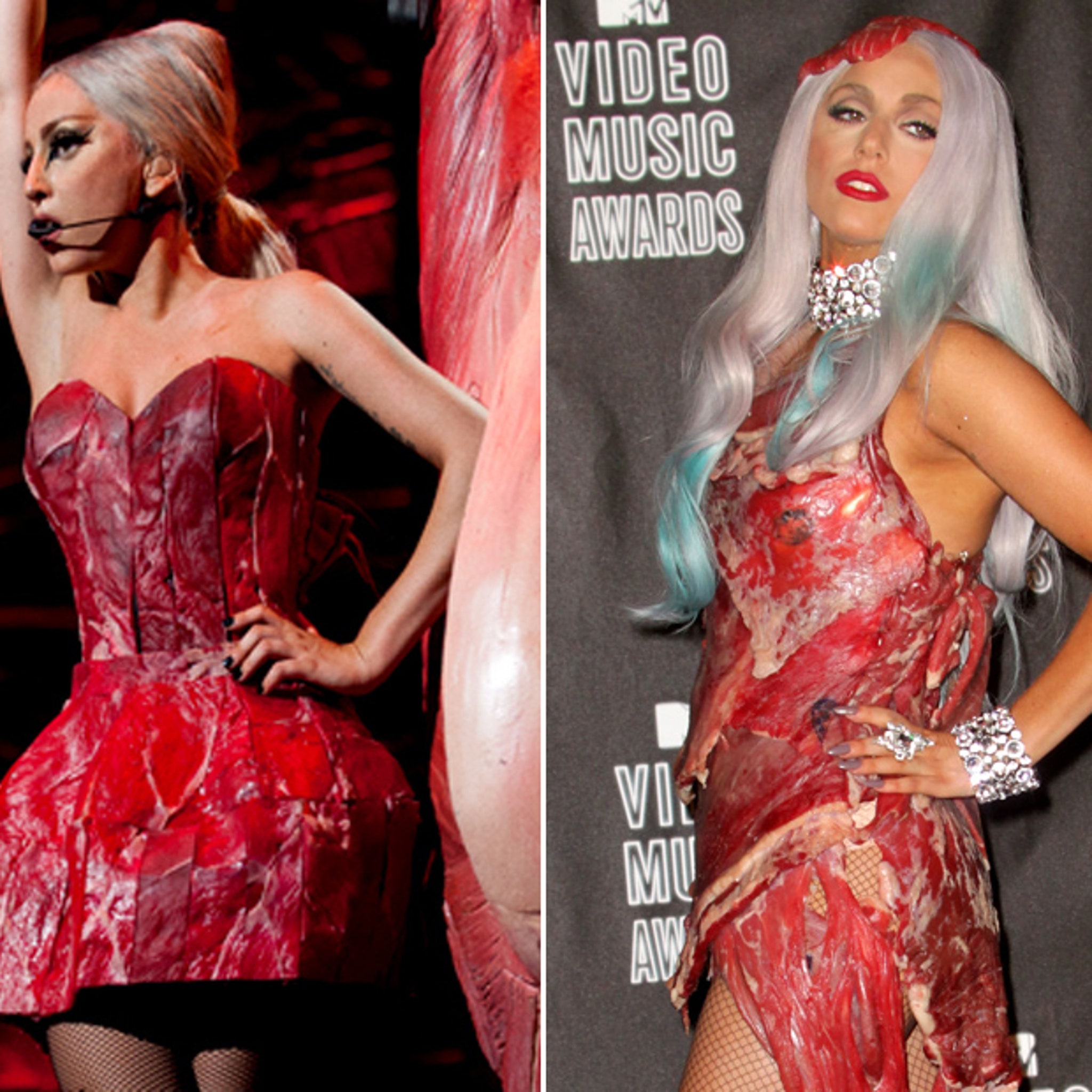 Lady gaga red top carpet meat dress