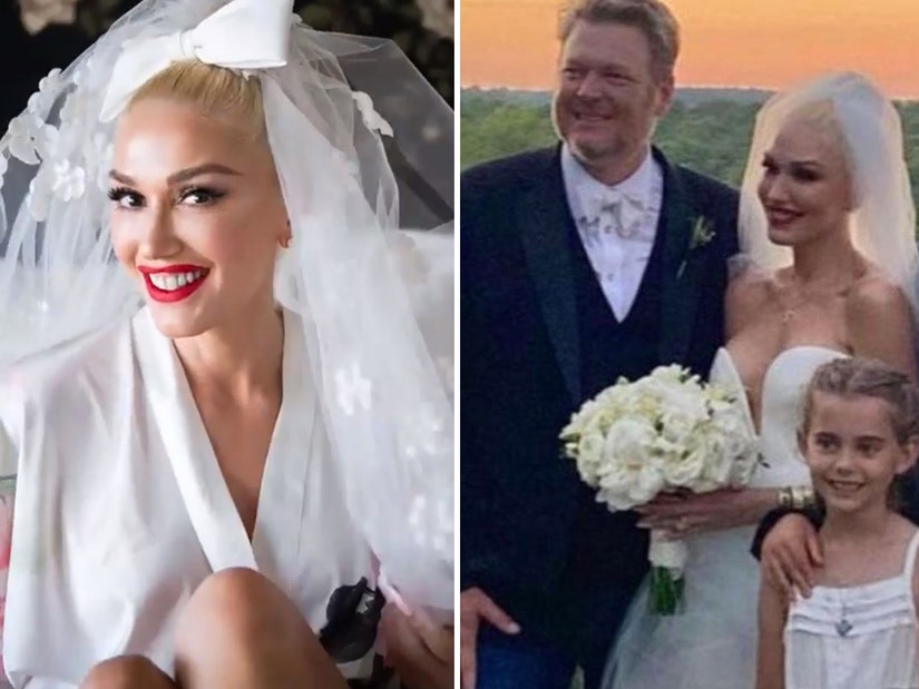 Gwen Stefani shows off her Vera Wang wedding gown and handmade veil  embroidered with her sons' names