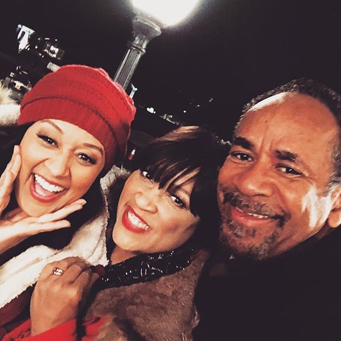 "Fun project coming soon! #lifetime #mychristmasinn @jackeeharry @timski67" Tia Mowry reunited with her on-screen parents from "Sister, Sister" and announces upcoming Lifetime project.