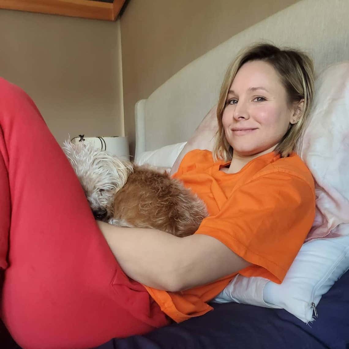 "Meet Whiskey! Before he was rescued he got in a fight with a truck and lost (a leg) but who needs four legs anyway? He and dog Brother Frank share my lap (see photo evidence), the girls adore him and Dad lovingly tolerates him. No more truck stops for you, buddy. Welcome home 💗" Kristen Bell