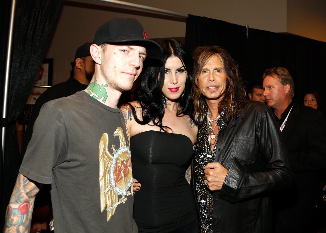 Joel Zimmerman aka Deadmau5, TV personality Kat Von D, and musician Steven Tyler backstage during the 2012 iHeartRadio Music Festival at the MGM Grand Garden Arena in Las Vegas, Nevada (September 22, 2012).