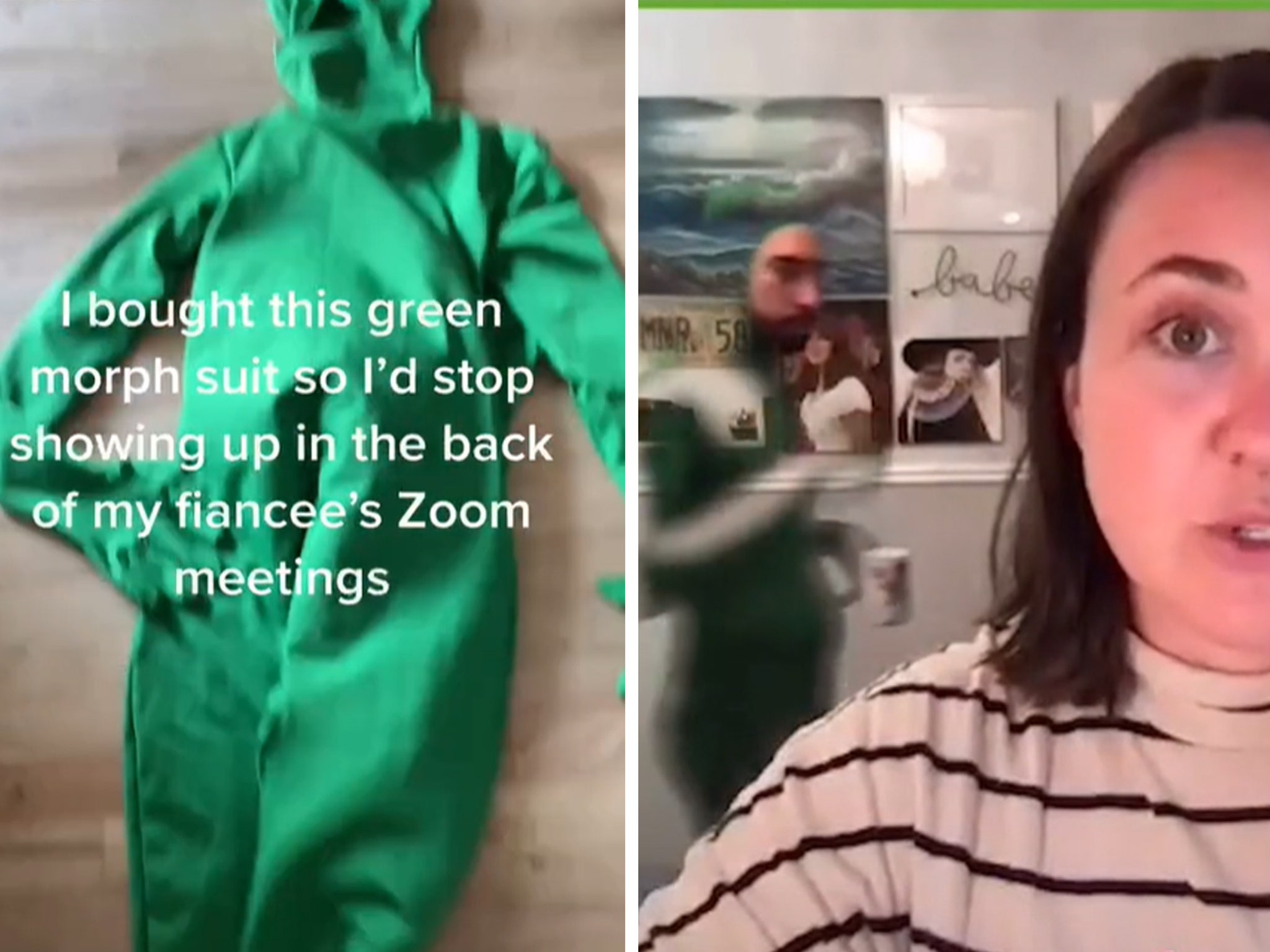 Man Wears Green Morph Suit to Stop Accidentally Appearing in Fiancé's Zoom  Meetings